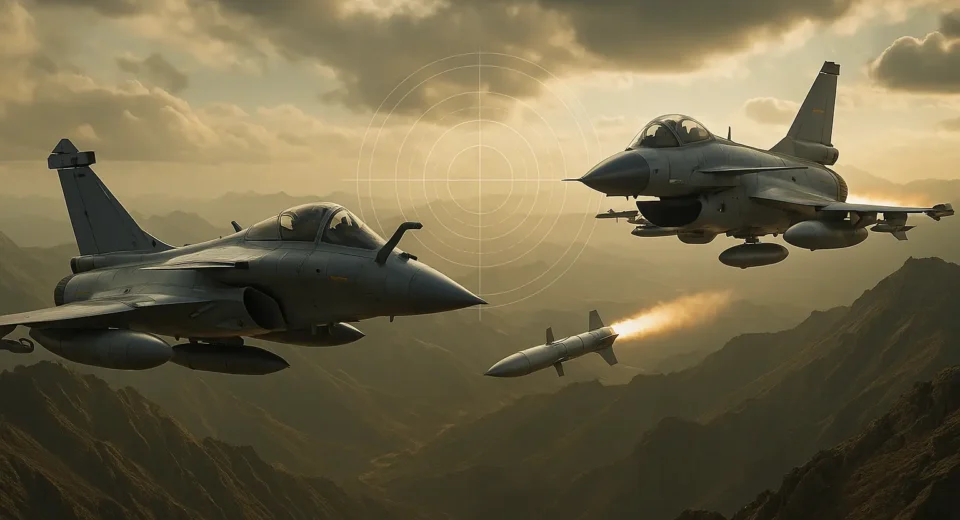 J-10C and Rafale jets in a high-altitude aerial encounter with radar tracking over South Asia