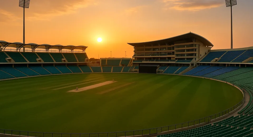 Empty cricket stadium in UAE during sunset, symbolizing tournament venue conflict