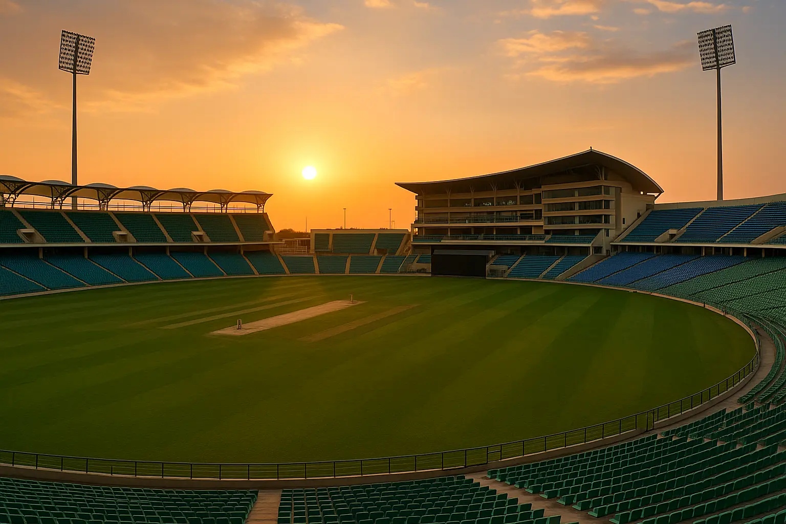 Empty cricket stadium in UAE during sunset, symbolizing tournament venue conflict
