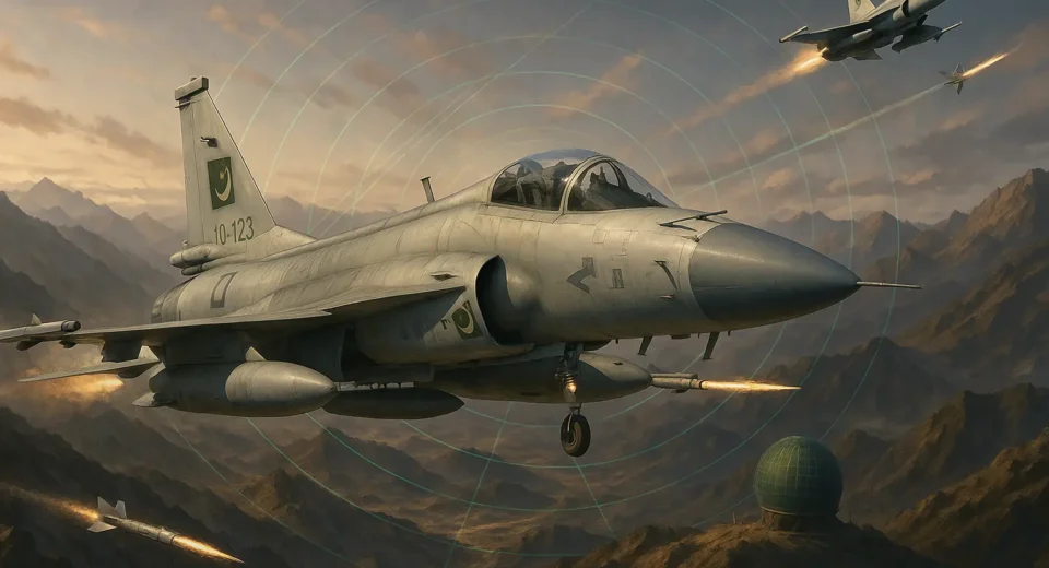 Pakistan J-10C fighter jet in flight with missile trails and radar support, symbolizing Chinese military assistance