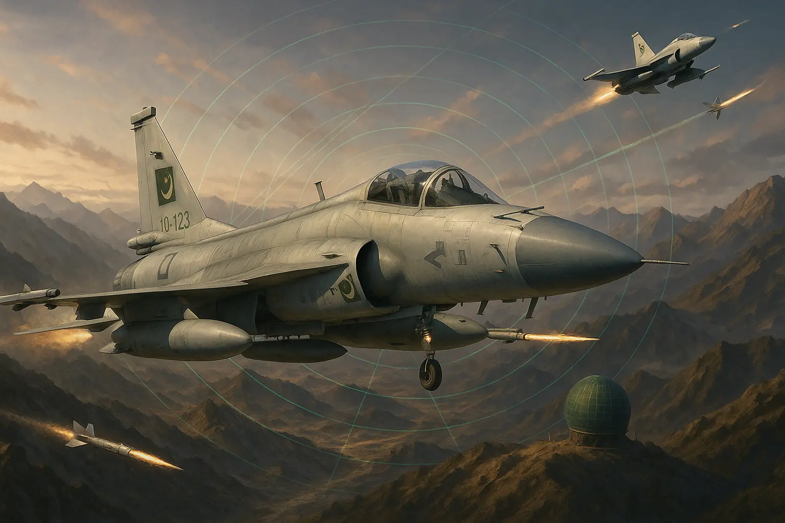 Pakistan J-10C fighter jet in flight with missile trails and radar support, symbolizing Chinese military assistance