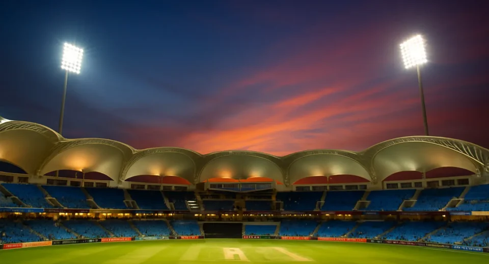 UAE cricket stadium under sunset light, symbolizing PSL 2025 venue shift
