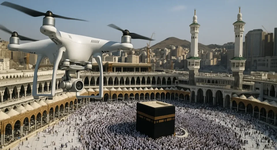 Drone monitoring pilgrims at Masjid al-Haram in Makkah during Hajj 2025