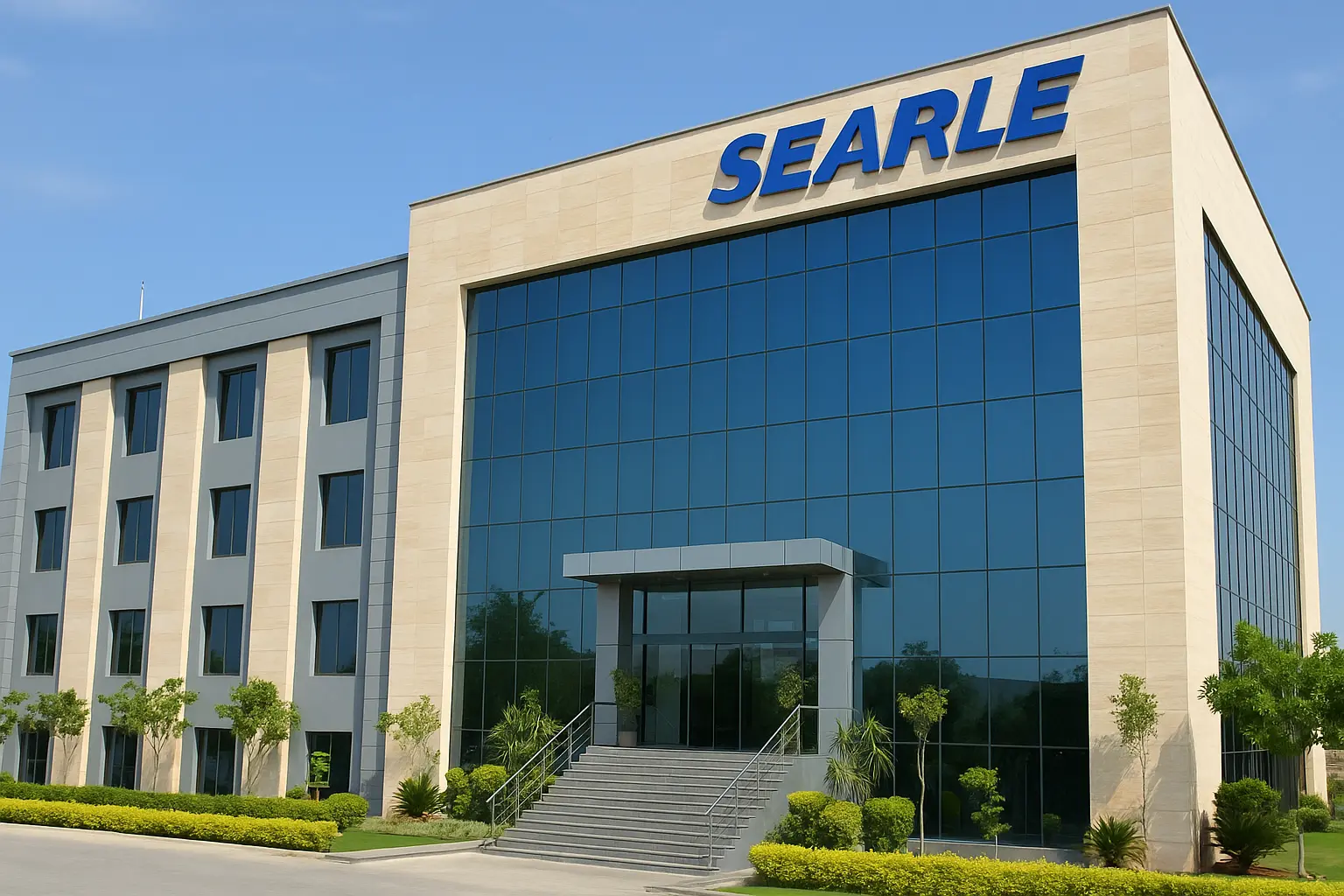 Modern Searle Pakistan headquarters building with glass facade and landscaped entrance under clear blue sky