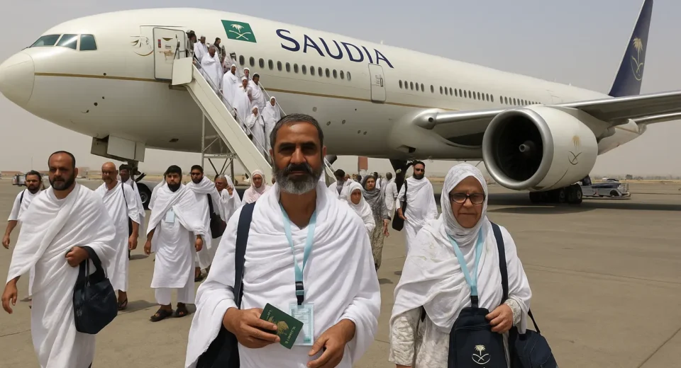 Pakistani Hajj pilgrims arriving in Saudi Arabia, disembarking from a Saudia Boeing 777 at the airport in ihram attire