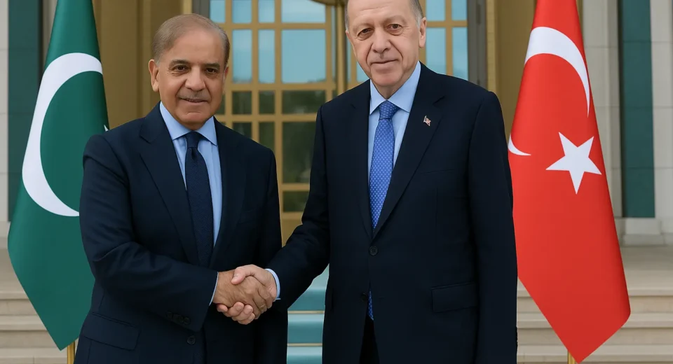Prime Minister Shehbaz Sharif and Turkish President Erdogan shake hands during a diplomatic meeting in Istanbul with national flags in the background