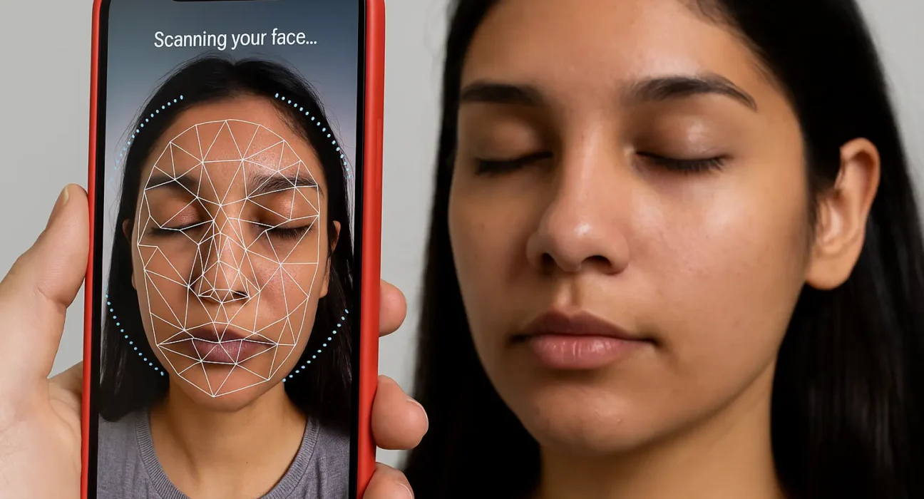 A Pakistani user scans her face with AccuFix AI skin scanner using a mobile phone for free, personalized skincare analysis