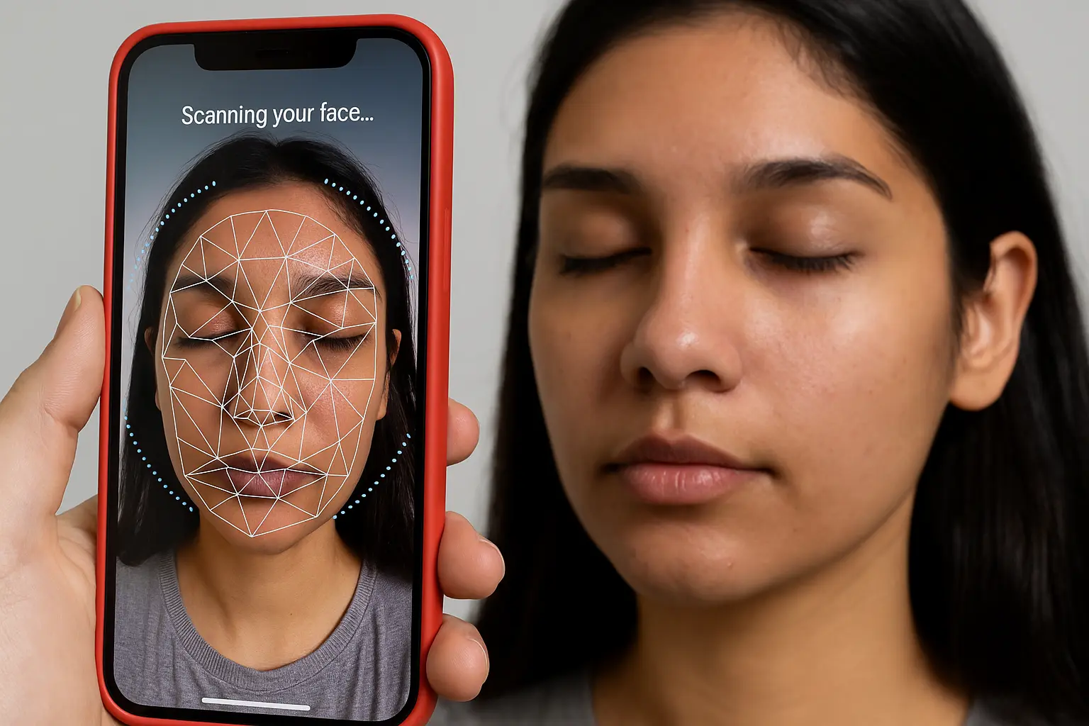 A Pakistani user scans her face with AccuFix AI skin scanner using a mobile phone for free, personalized skincare analysis