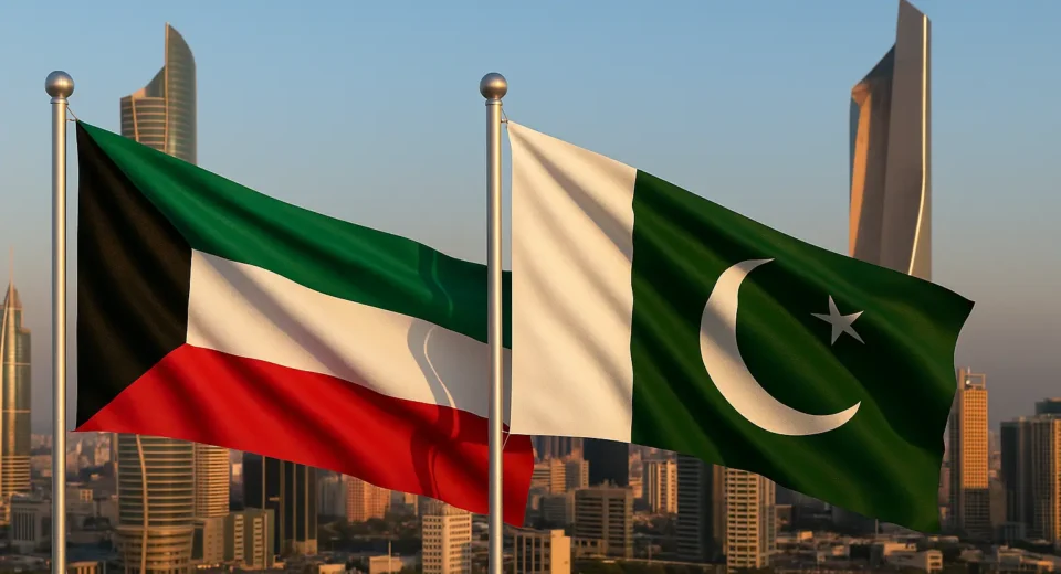 Kuwait and Pakistan flags waving together, representing renewed visa access and bilateral cooperation in 2025