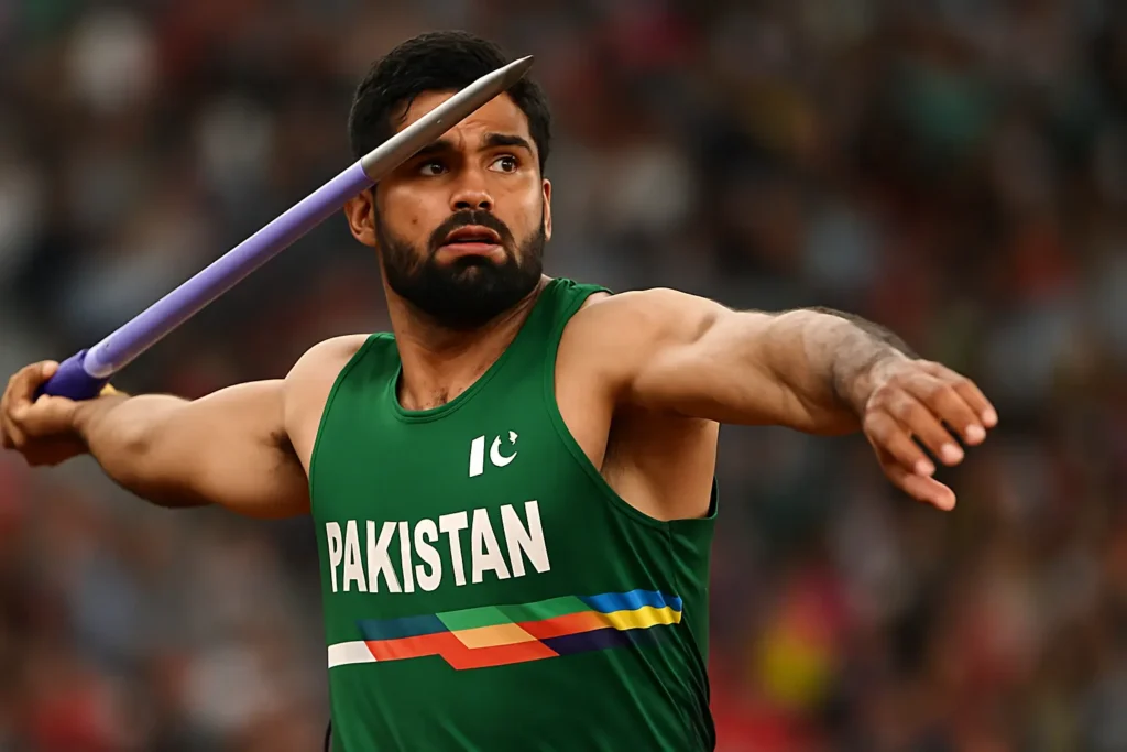 Olympic gold medalist Arshad Nadeem during his 86.34m javelin throw at the Asian Athletics Championships 2025 qualifying round