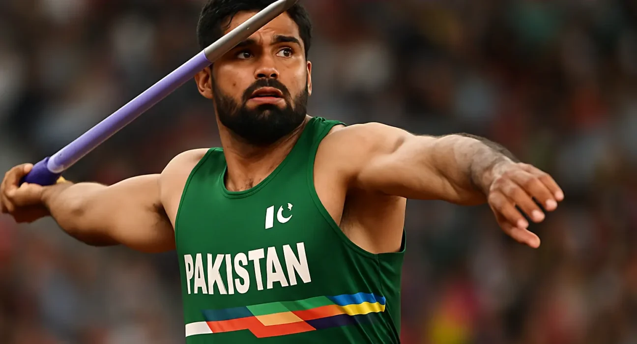 Olympic gold medalist Arshad Nadeem during his 86.34m javelin throw at the Asian Athletics Championships 2025 qualifying round