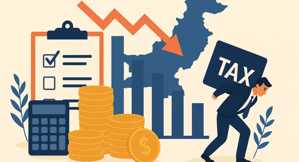 Illustration of a Pakistani taxpayer burdened by excessive tax weight, surrounded by economic icons like coins, calculators, and declining charts, symbolizing the flaws in Pakistan’s tax policy and its impact on formal businesses and investment