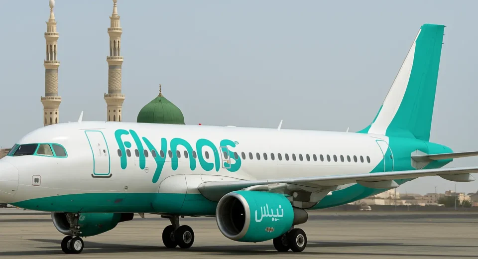 A high-resolution digital photograph taken during the day shows a Flynas Airbus A320 aircraft on the tarmac with the green dome and twin minarets of Al-Masjid an-Nabawi in Medina, Saudi Arabia, visible in the background. The plane, painted in Flynas' signature teal and white colors, symbolizes the resumption of Hajj flights from Iran to Saudi Arabia after nearly a decade.