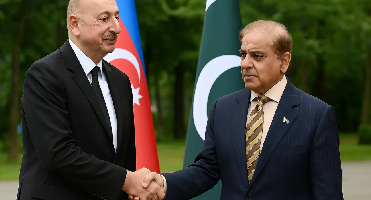 Azerbaijani President Ilham Aliyev and Pakistani Prime Minister Shehbaz Sharif shaking hands with national flags in the background during 2025 investment summit