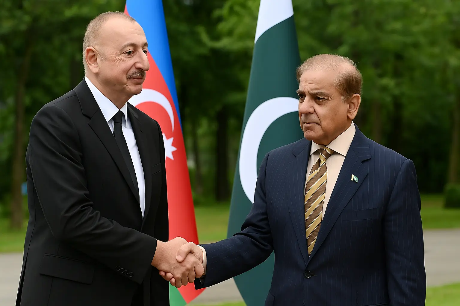 Azerbaijani President Ilham Aliyev and Pakistani Prime Minister Shehbaz Sharif shaking hands with national flags in the background during 2025 investment summit