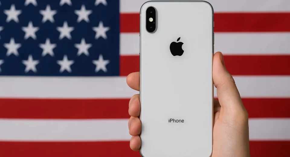 A hand holding an iPhone in front of a blurred American flag, symbolizing the debate over U.S. manufacturing and tariffs on foreign-made smartphones
