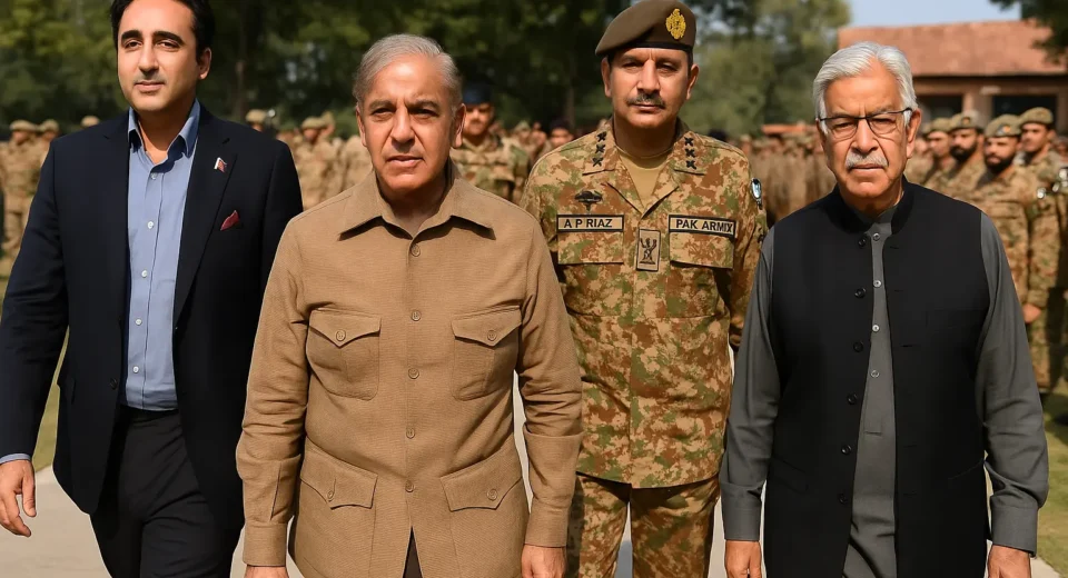 Four South Asian military and government leaders stand together at Pasrur Cantonment, showing unity and support during Operation Binyan-e-Marsous.