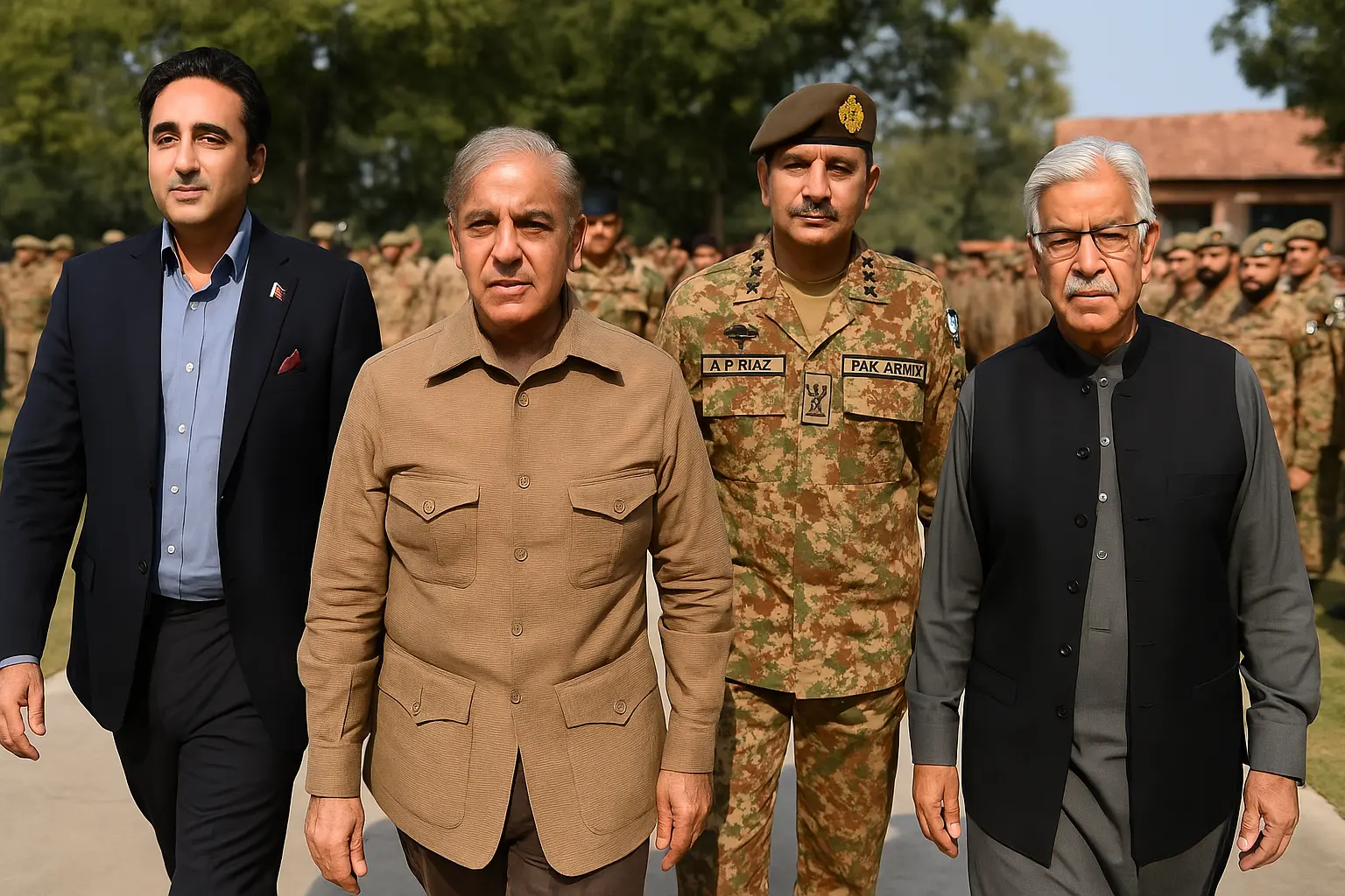 Four South Asian military and government leaders stand together at Pasrur Cantonment, showing unity and support during Operation Binyan-e-Marsous.