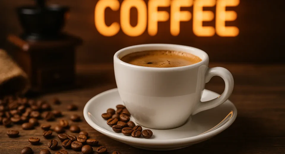 A high-resolution digital photograph showcases a warm and inviting coffee scene, featuring a steaming cup of freshly brewed coffee placed on a wooden table surrounded by roasted coffee beans and a manual grinder, symbolizing the growing coffee culture in Pakistan.