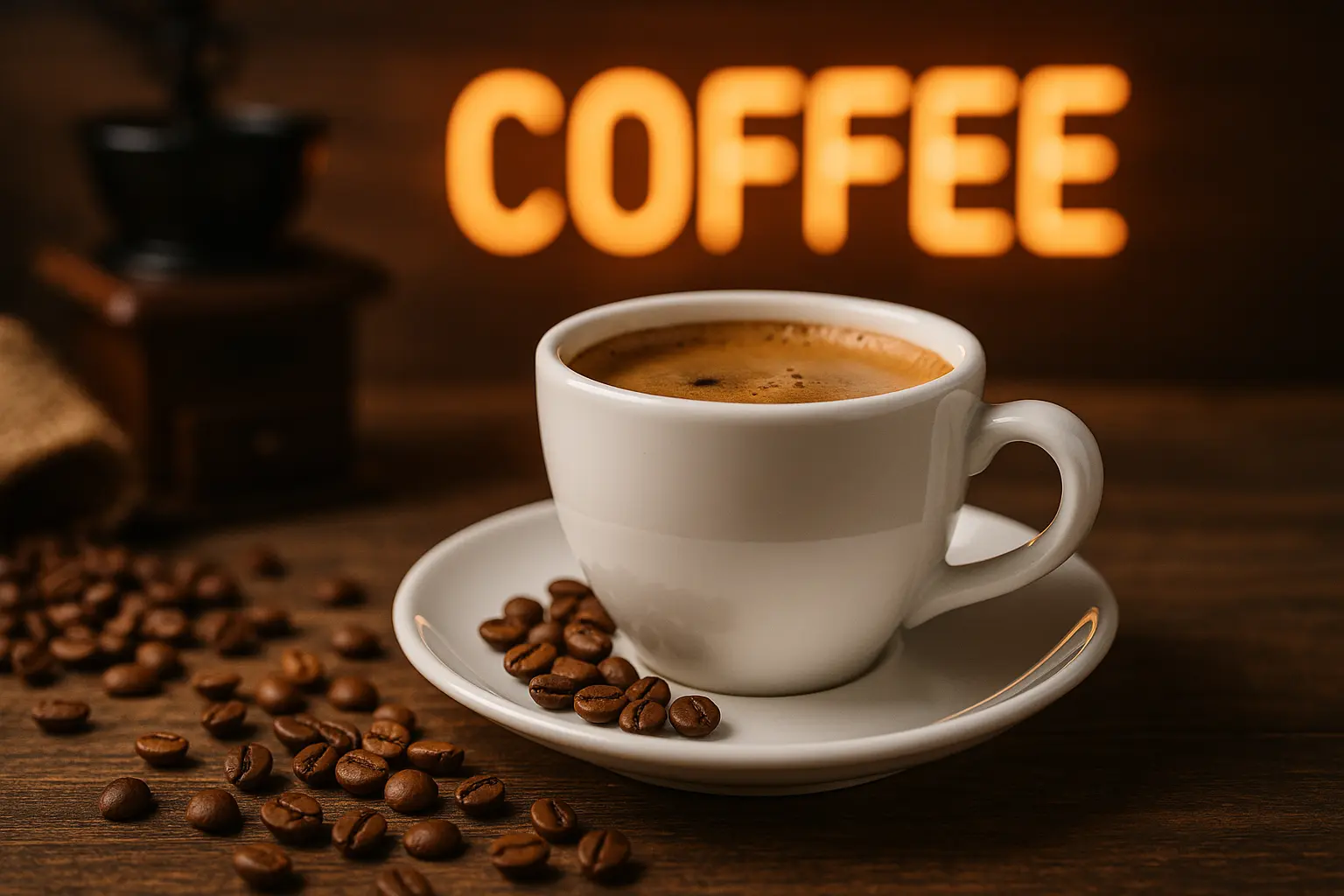 A high-resolution digital photograph showcases a warm and inviting coffee scene, featuring a steaming cup of freshly brewed coffee placed on a wooden table surrounded by roasted coffee beans and a manual grinder, symbolizing the growing coffee culture in Pakistan.