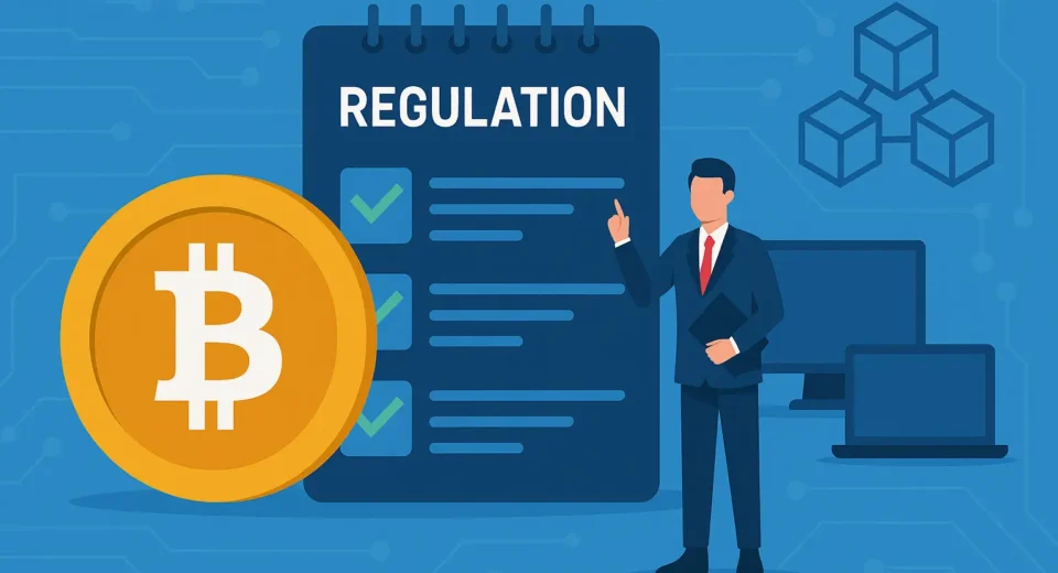 A flat-design digital illustration depicts Bitcoin and digital assets icons, representing Pakistan's new regulatory authority for the crypto market.