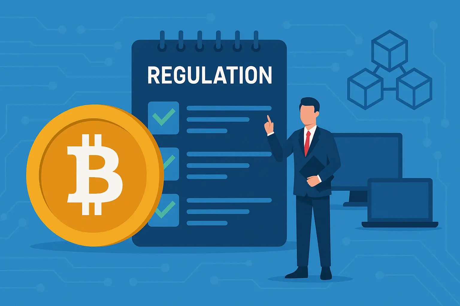 A flat-design digital illustration depicts Bitcoin and digital assets icons, representing Pakistan's new regulatory authority for the crypto market.