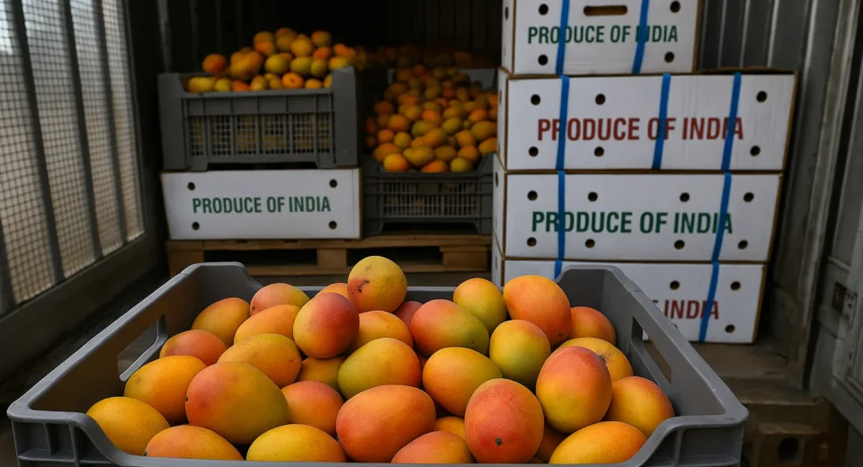 A photograph captures a shipment of ripe mangoes inside a shipping container, with vibrant yellow, orange, and green mangoes neatly stacked in grey crates.