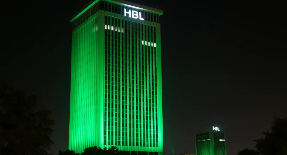A digital photograph captures HBL Plaza and HBL Tower illuminated in vibrant green lights at night in honor of Youm-e-Tashakur. The buildings stand tall against a dark sky, symbolizing national unity and gratitude toward Pakistan’s armed forces, with the green lighting reflecting the colors of the Pakistani flag and evoking patriotic pride.