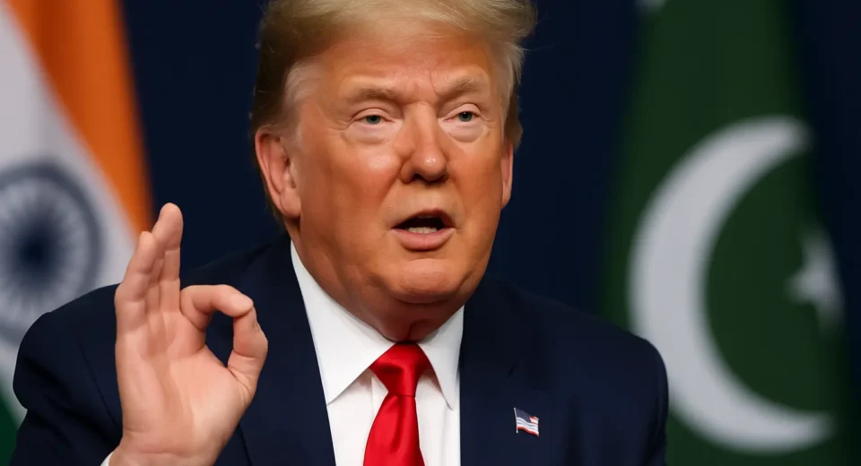Former U.S. President Donald Trump gestures with open hands while speaking at a podium, symbolizing his diplomatic proposal for peace between India and Pakistan.