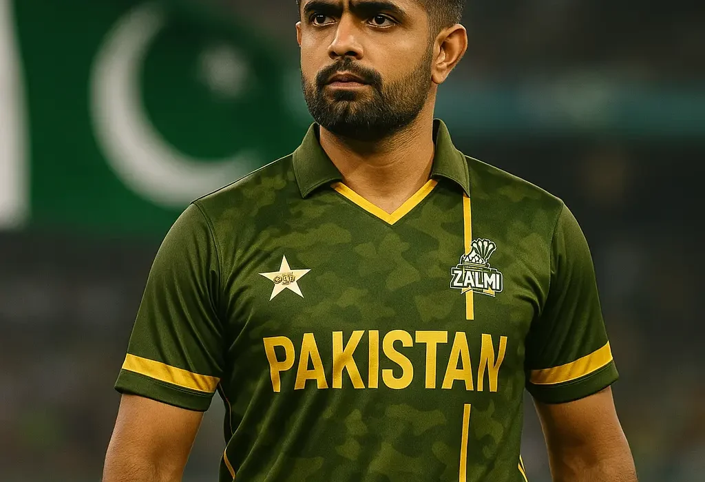 A high-quality digital photograph features a fit South Asian cricket player in a green and gold Peshawar Zalmi "Pakistan Edition" jersey, standing with a determined expression. The blurred background includes a waving Pakistani flag, enhancing the patriotic and symbolic atmosphere of the image.