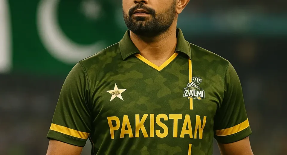A high-quality digital photograph features a fit South Asian cricket player in a green and gold Peshawar Zalmi "Pakistan Edition" jersey, standing with a determined expression. The blurred background includes a waving Pakistani flag, enhancing the patriotic and symbolic atmosphere of the image.