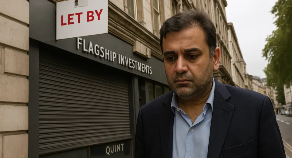 A middle-aged South Asian man in formal attire stands against a blurred urban background, portraying a contemplative and serious expression, symbolizing financial and reputational downfall.