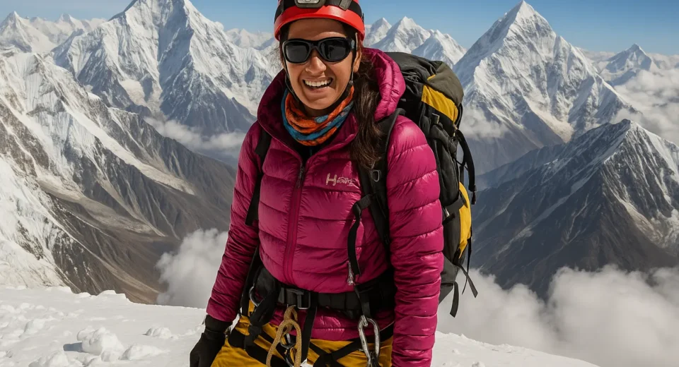A Pakistani female mountaineer stands triumphantly on a snow-covered peak with the national flag of Pakistan raised high, celebrating her successful summit of an 8,000-meter mountain.
