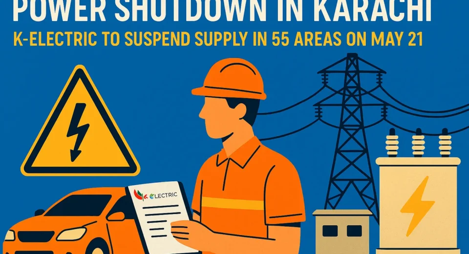 A flat-style digital illustration shows a power plug and warning symbol with city buildings in the background, announcing an upcoming electricity shutdown in Karachi.