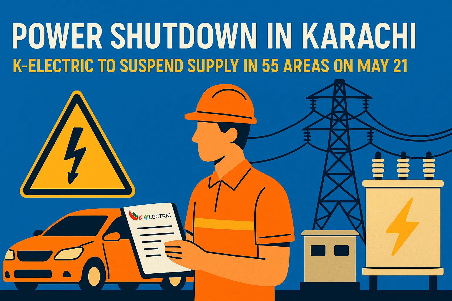 A flat-style digital illustration shows a power plug and warning symbol with city buildings in the background, announcing an upcoming electricity shutdown in Karachi.