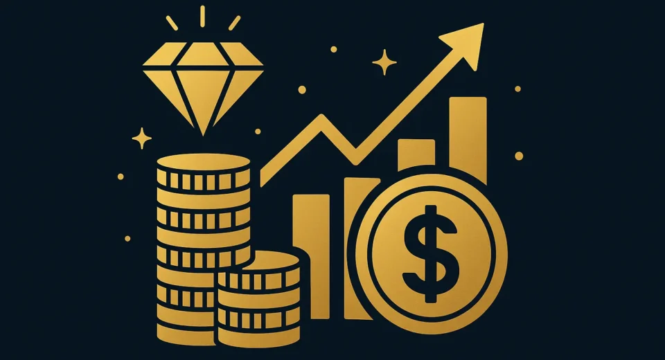 Golden coins, dollar symbol, diamond, and rising bar chart with arrow on a dark background, symbolizing financial growth, wealth, and digital success.