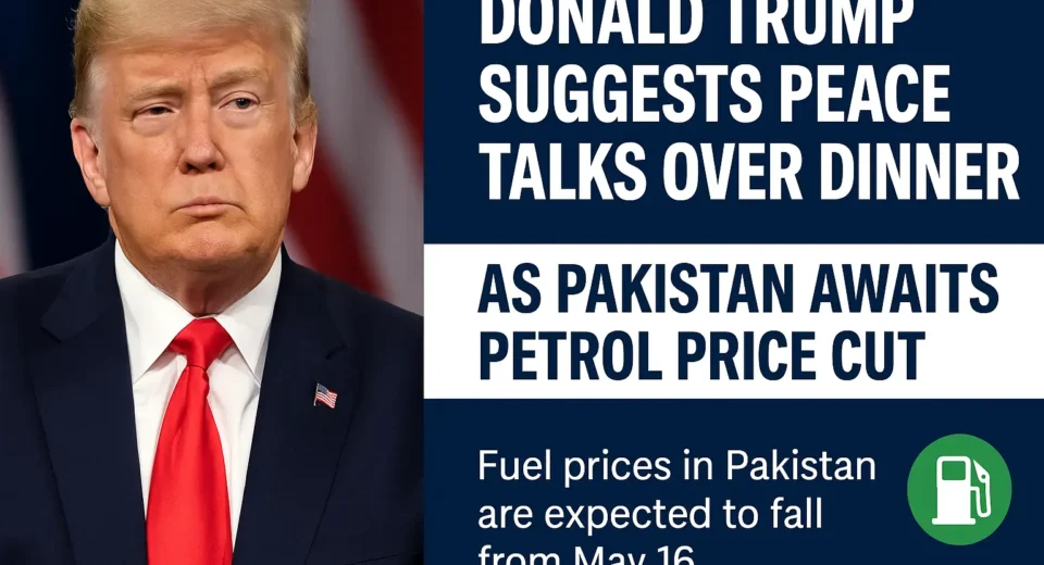 A split-image digital graphic showing Donald Trump speaking at a podium on one side and a fuel pump nozzle dispensing petrol on the other, symbolizing simultaneous headlines of peace diplomacy and falling fuel prices in Pakistan.
