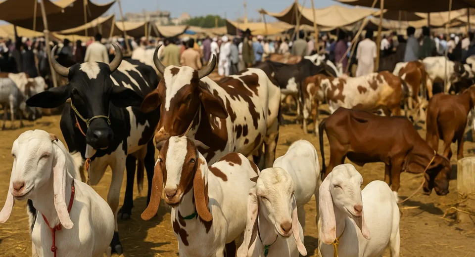 Livestock market in Pakistan ahead of Eid-ul-Adha 2025 with goats and cows displayed for Qurbani, under bright daylight and busy festive atmosphere.