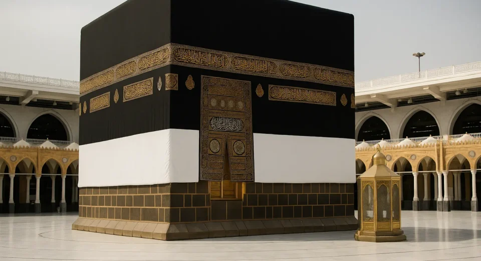 The Kaaba in Masjid al-Haram with its black Kiswah cloth visibly raised by several meters, surrounded by pilgrims during Hajj preparations, under clear skies in Makkah.