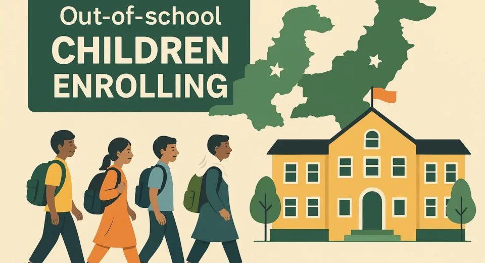 A flat-style digital illustration depicting children walking into a modern school building surrounded by greenery, symbolizing access to education and inclusive learning initiatives in Punjab.