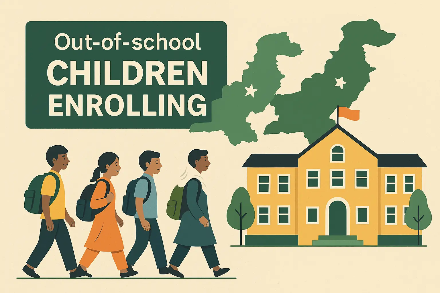 A flat-style digital illustration depicting children walking into a modern school building surrounded by greenery, symbolizing access to education and inclusive learning initiatives in Punjab.
