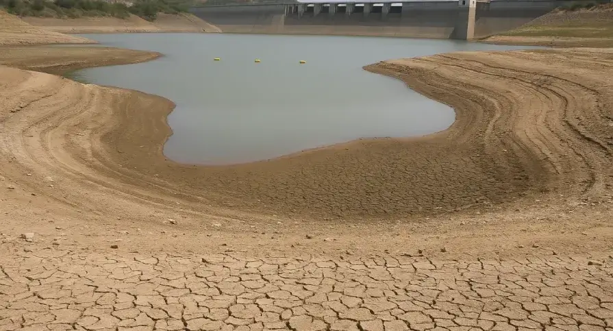 A dried-up dam reservoir surrounded by barren, cracked earth and exposed rocks, symbolizing severe drought and critically low water levels in Pakistan’s water storage facilities.
