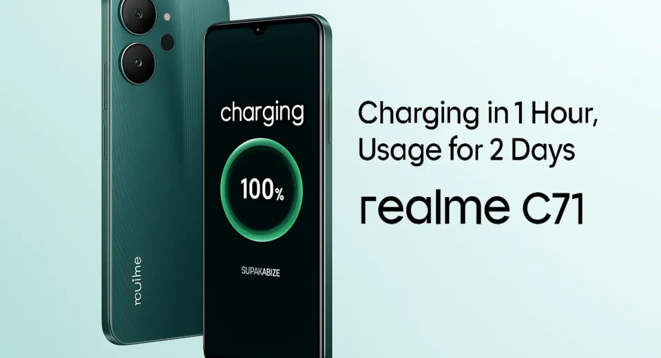 A digital image features the realme C71 smartphone in green, showing front and back views with a charging screen displayed, set against a soft teal background.