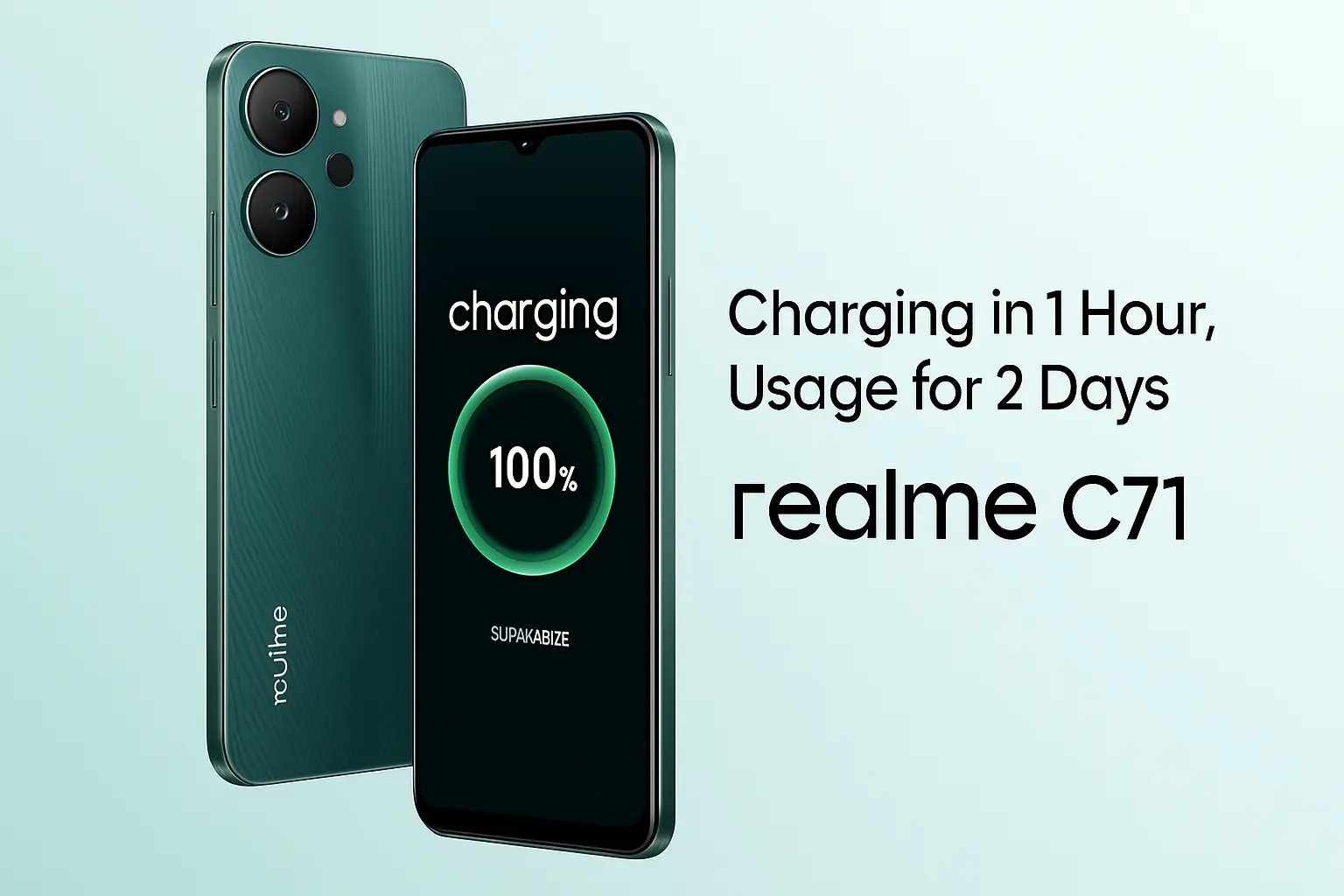A digital image features the realme C71 smartphone in green, showing front and back views with a charging screen displayed, set against a soft teal background.