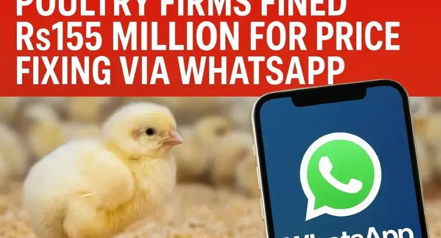 A digital illustration showing a gavel, a WhatsApp logo, and poultry chicks placed against a financial backdrop, symbolizing a legal penalty for price-fixing in Pakistan’s poultry industry.