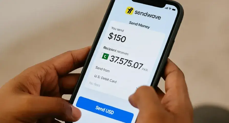 Sendwave app interface showing a successful international money transfer from the U.S. to Pakistan, symbolizing speed, convenience, and zero fees.
