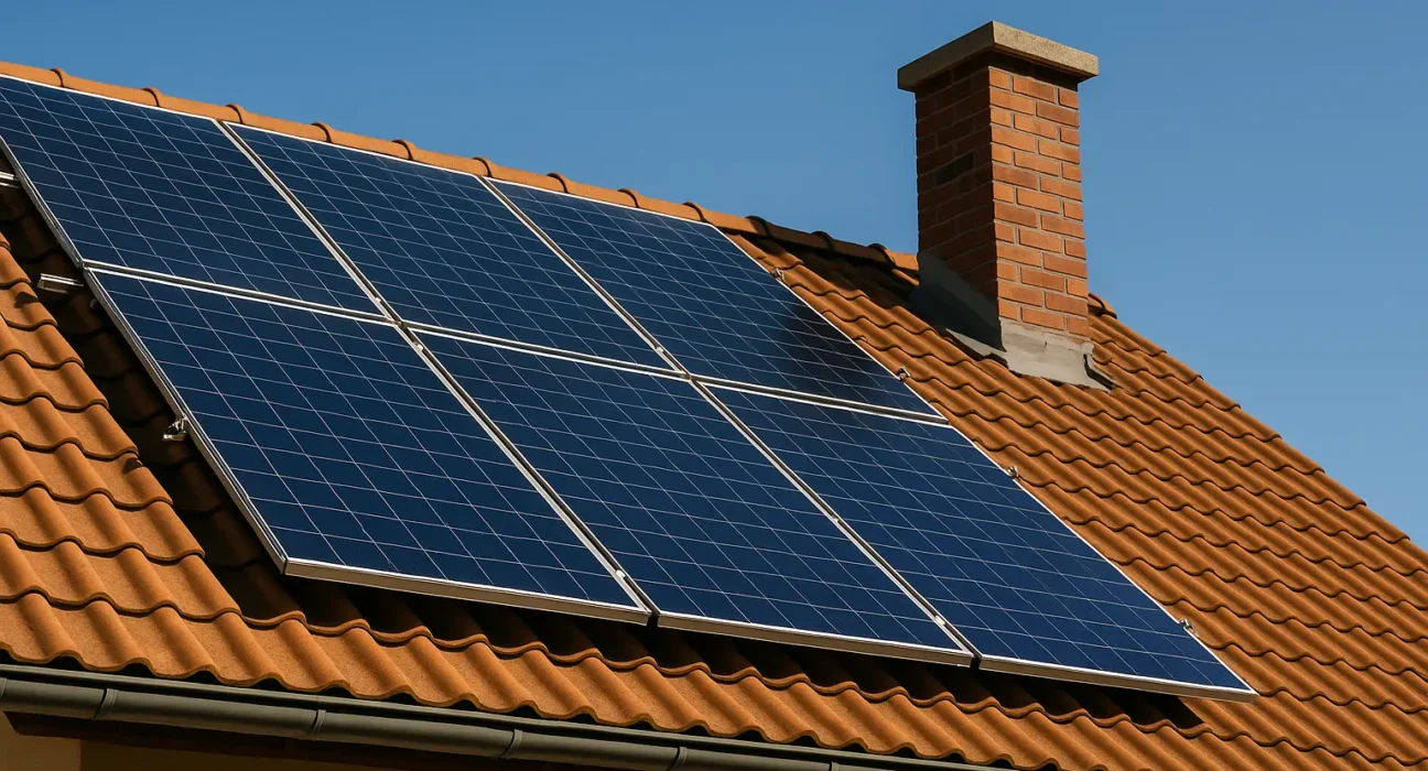 A high-resolution digital photograph showing solar panels installed on the rooftop of a modern house during daytime, with a clear blue sky and green surroundings, symbolizing clean energy and sustainable living.