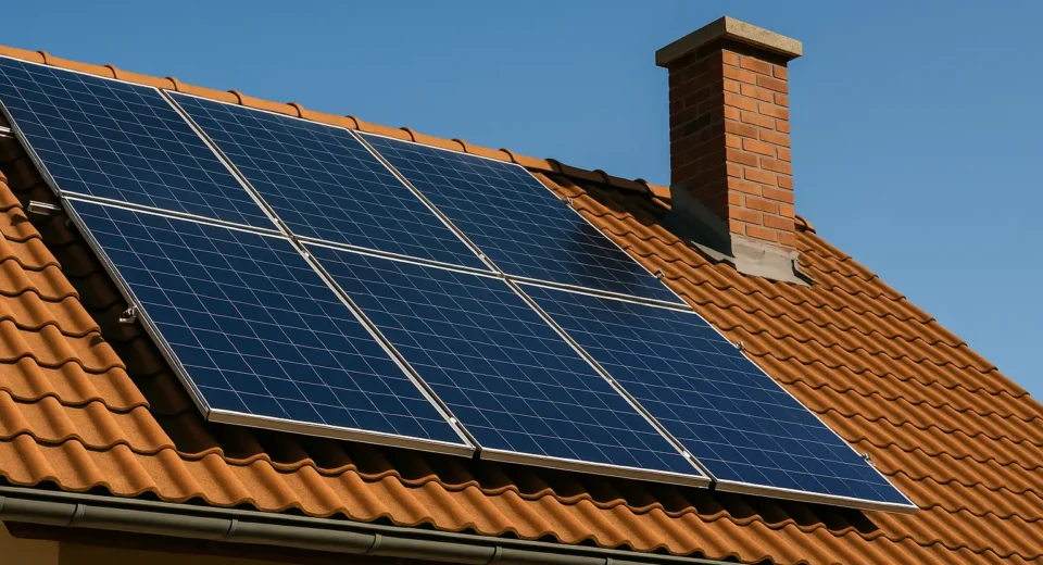 A high-resolution digital photograph showing solar panels installed on the rooftop of a modern house during daytime, with a clear blue sky and green surroundings, symbolizing clean energy and sustainable living.