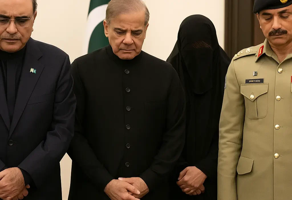 A solemn photograph captures Pakistan’s President Asif Ali Zardari, Prime Minister Shehbaz Sharif, and Army Chief General Syed Asim Munir standing in mourning alongside a veiled female family member of Squadron Leader Usman Yousaf Shaheed. The group stands respectfully in a formal indoor setting with a Pakistani flag in the background, reflecting a national moment of tribute and unity.