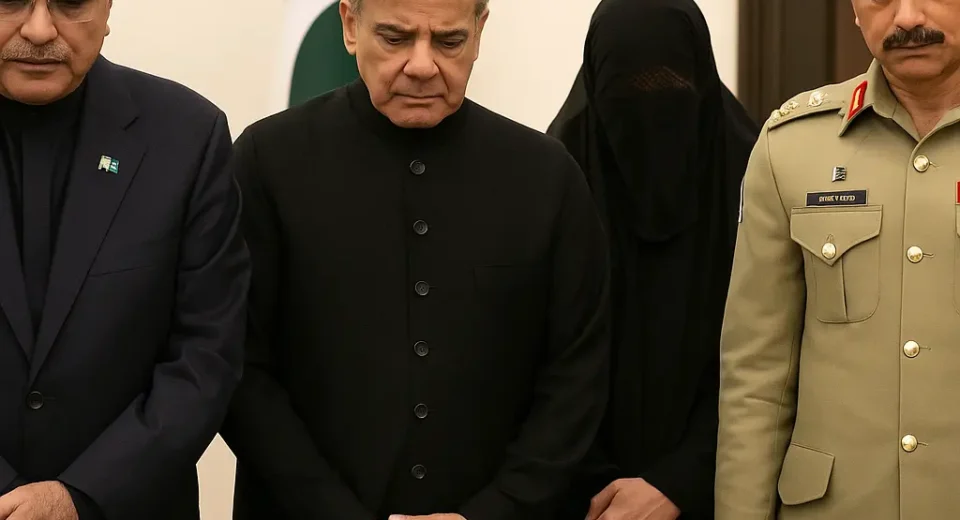 A solemn photograph captures Pakistan’s President Asif Ali Zardari, Prime Minister Shehbaz Sharif, and Army Chief General Syed Asim Munir standing in mourning alongside a veiled female family member of Squadron Leader Usman Yousaf Shaheed. The group stands respectfully in a formal indoor setting with a Pakistani flag in the background, reflecting a national moment of tribute and unity.